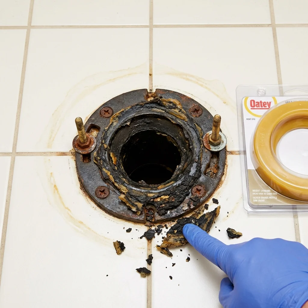 Failed wax ring showing water seepage at the base of a toilet in a Berlin, WI home
