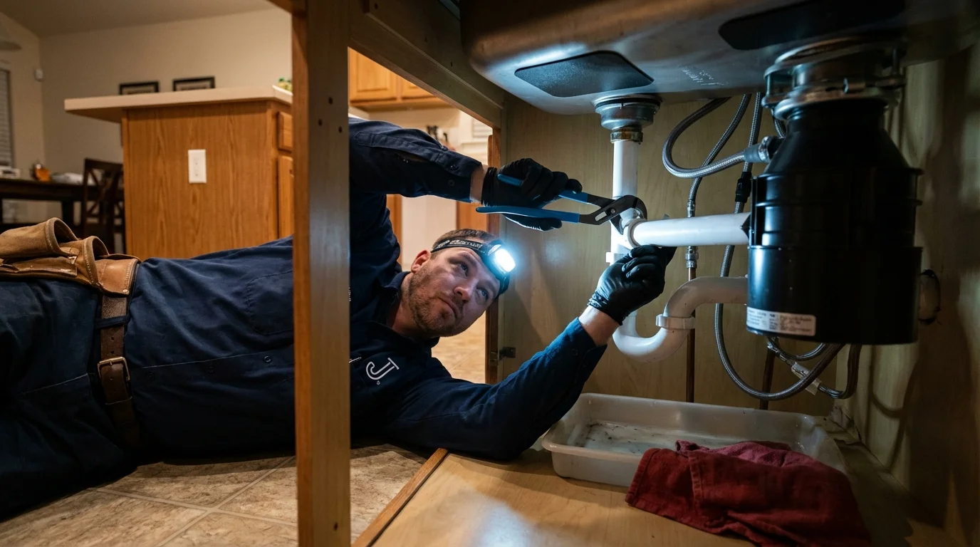 P-trap and supply line connections under a kitchen sink showing a common leak point in Berlin, WI